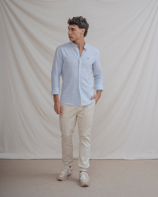 CAMISA CUELLO MAO LINO RAYA CELESTE