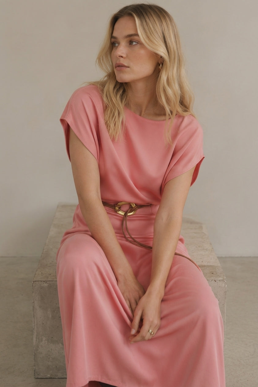 VESTIDO MIDI SATINADO CINTURÓN