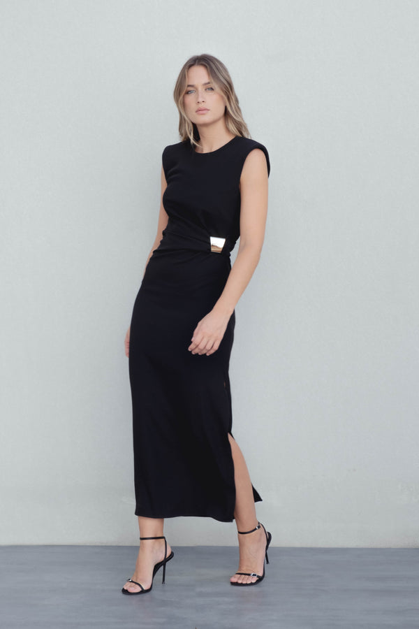 VESTIDO MIDI APLIQUE DORADO