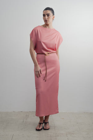 VESTIDO MIDI SATINADO CINTURÓN